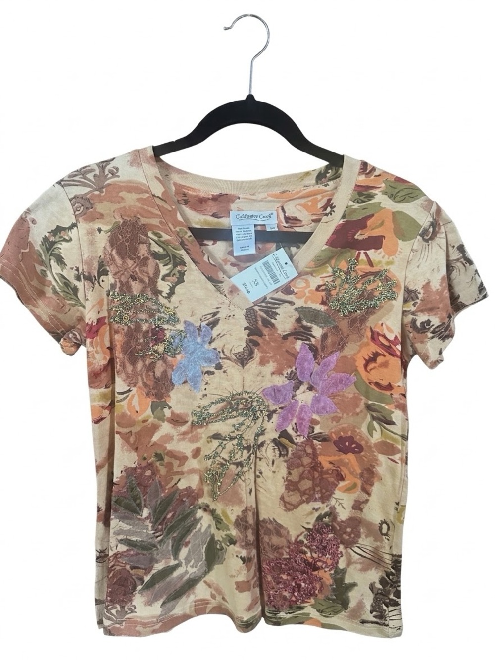Cold water Creek:  NWT - Golden Valley Floral Embellished V-Neck Top Beige Flora
